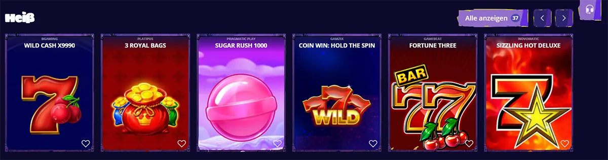 German hot games section showing Wild Cash X9990, 3 Royal Bags, Sugar Rush 1000, Coin Win: Hold the Spin, Fortune Three, and Sizzling Hot Deluxe on a dark casino interface.