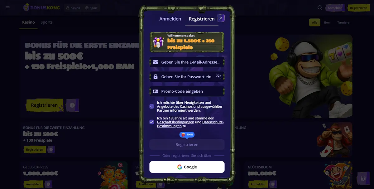 German casino registration popup with a welcome package up to €1,500 plus 250 free spins, email and password fields, promo code entry, consent checkboxes, and Google sign-up option over a dark promotions page.